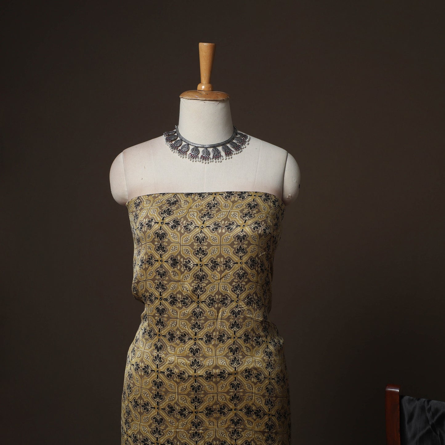 Beige - Ajrakh Block Print 3pc Natural Dyed Modal Silk Unstitched Dress Material Suit Set 03