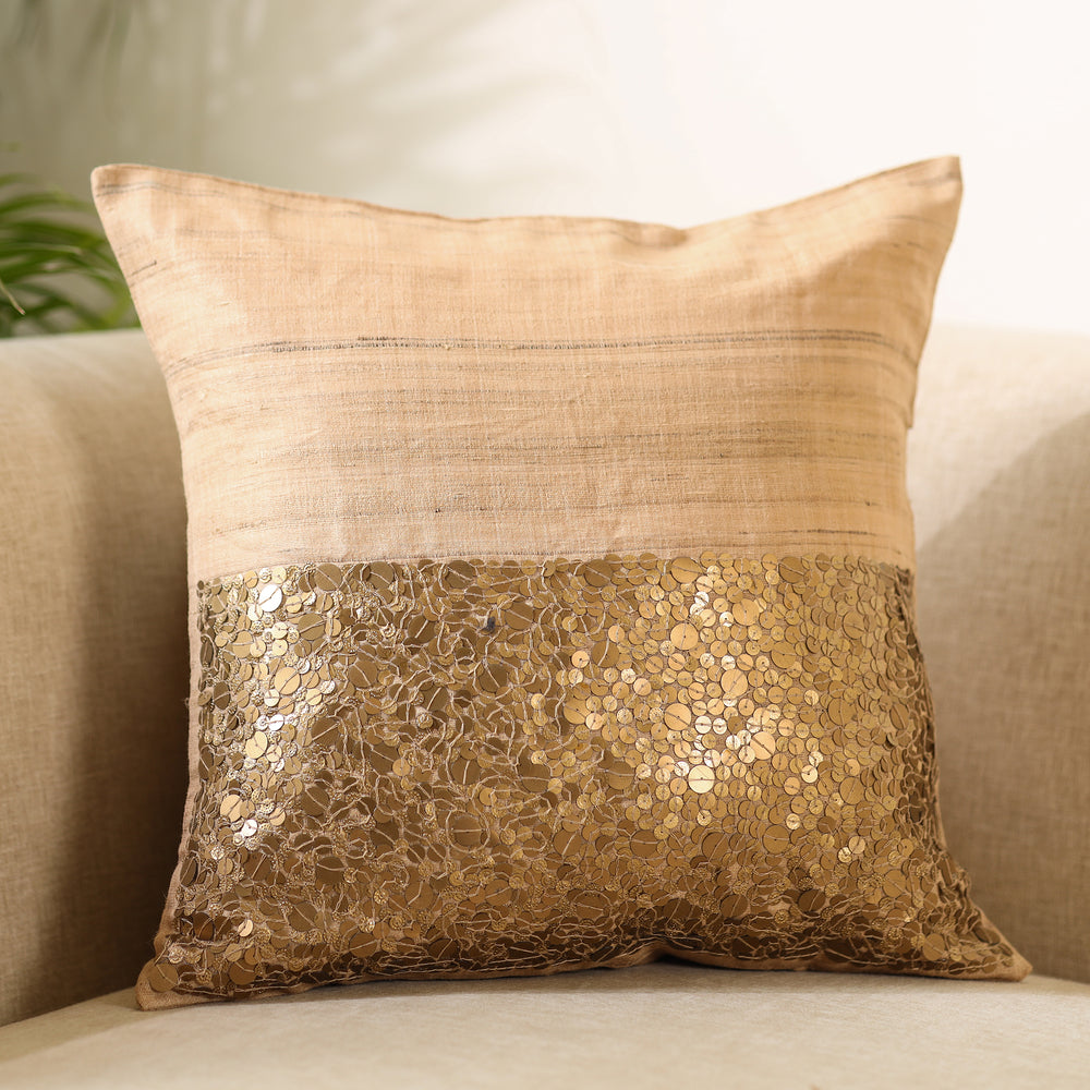 Brown - Aari Embroidery Sequin Work Mercerised Ghicha Silk Cushion Cover (16 x 16 in)