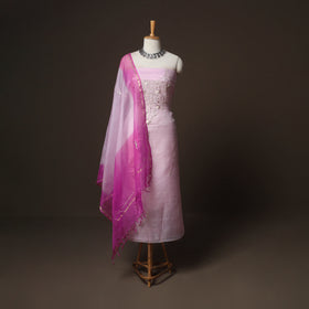 Purple - 3pc Pitta Work Kota Doria Silk Unstitched Dress Material Suit Set 02