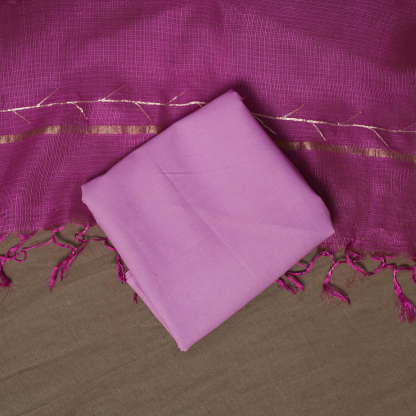 Purple - 3pc Pitta Work Kota Doria Silk Unstitched Dress Material Suit Set 02