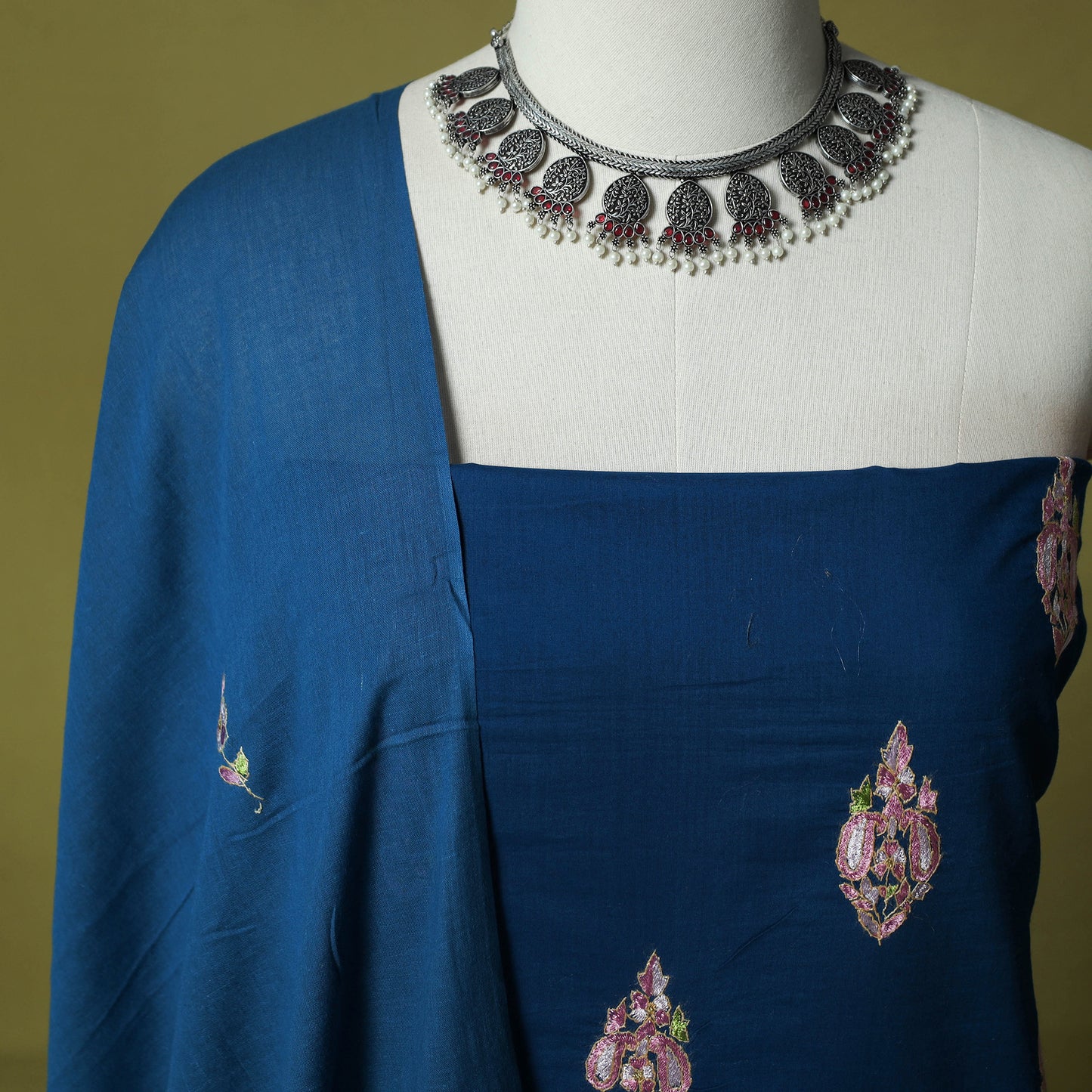 Blue - Hand Embroidered Cotton Kashida 3pc Unstitched Dress Material Suit Set 46