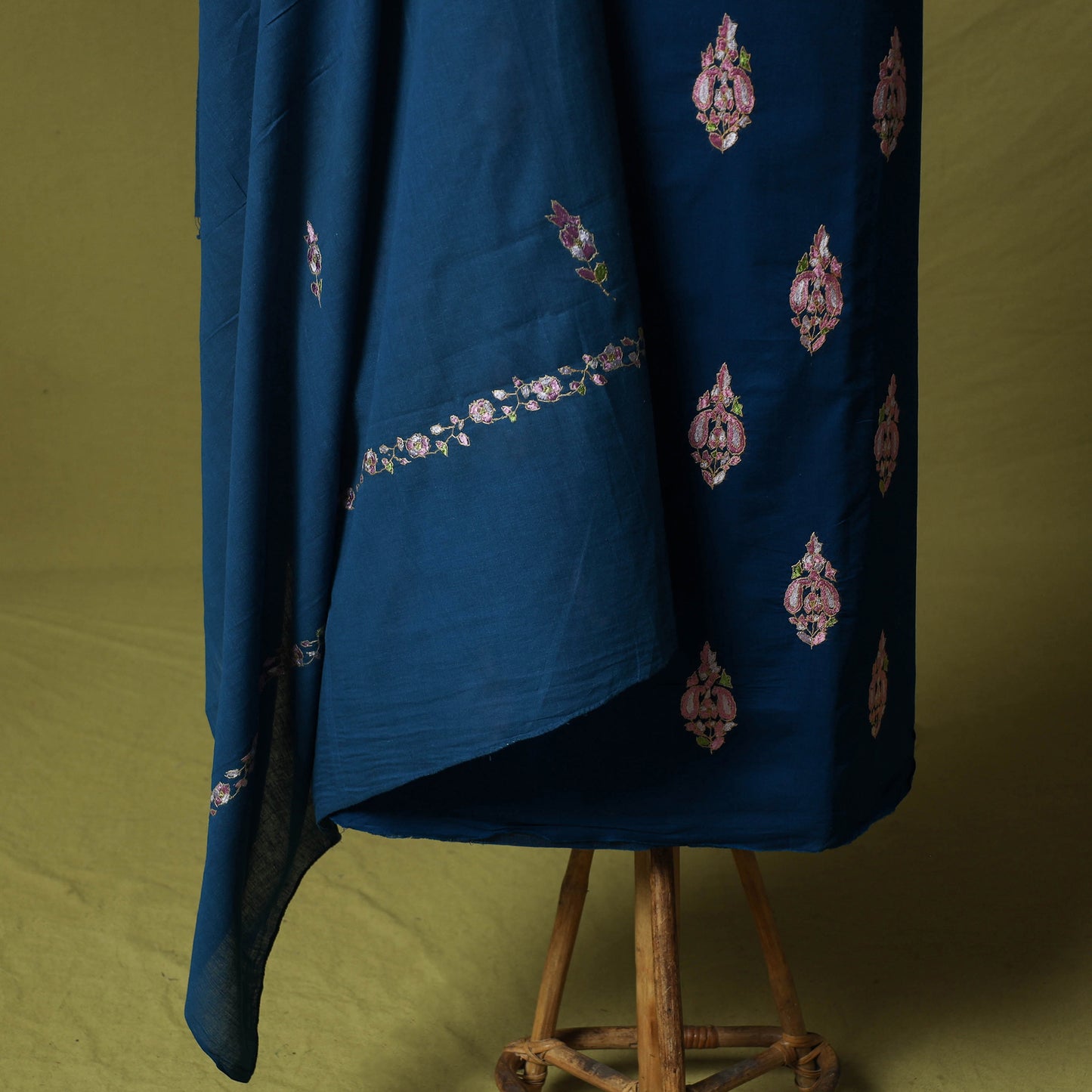 Blue - Hand Embroidered Cotton Kashida 3pc Unstitched Dress Material Suit Set 46
