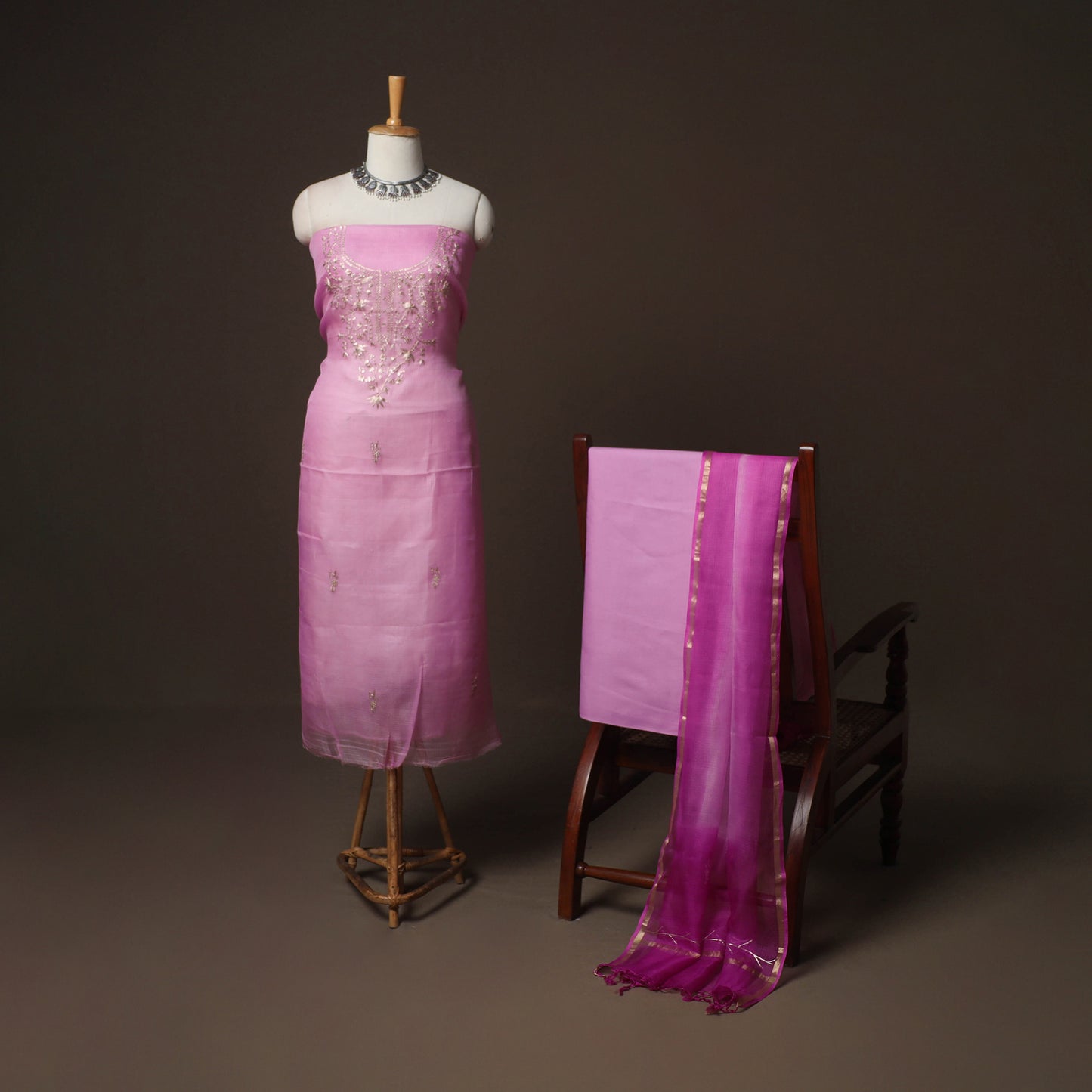 Purple - 3pc Pitta Work Kota Doria Silk Unstitched Dress Material Suit Set 03