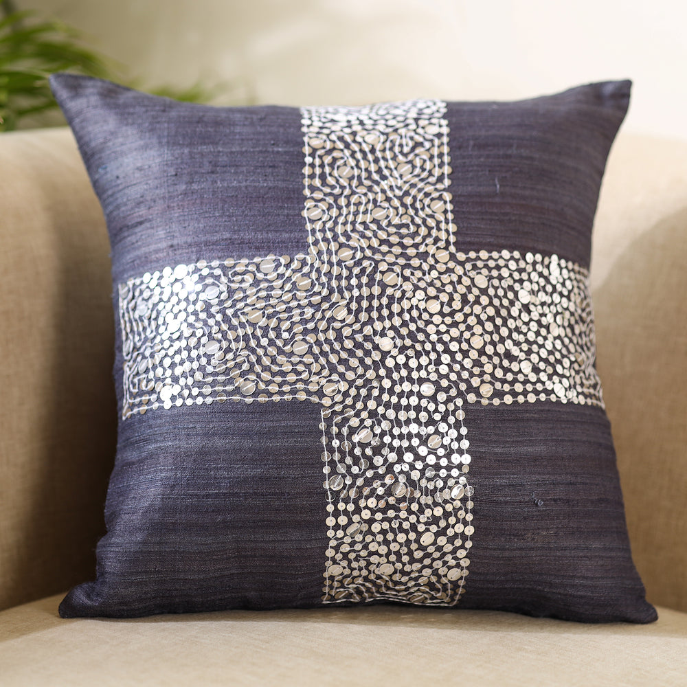 Black - Aari Embroidery Sequin Work Ghicha Silk Cushion Cover (16 x 16 in)