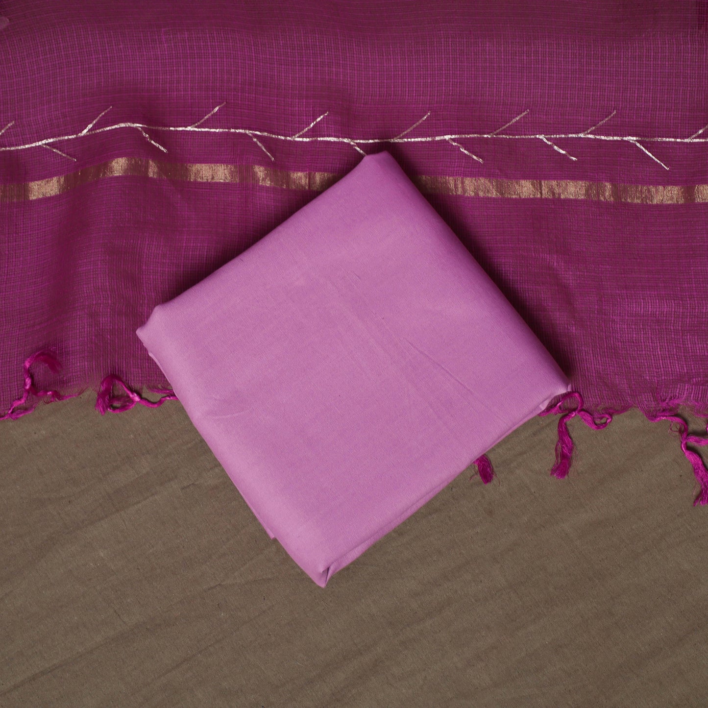 Purple - 3pc Pitta Work Kota Doria Silk Unstitched Dress Material Suit Set 03