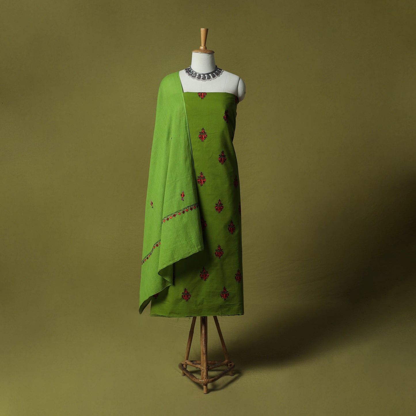 Green - Hand Embroidered Cotton Kashida 3pc Unstitched Dress Material Suit Set 47