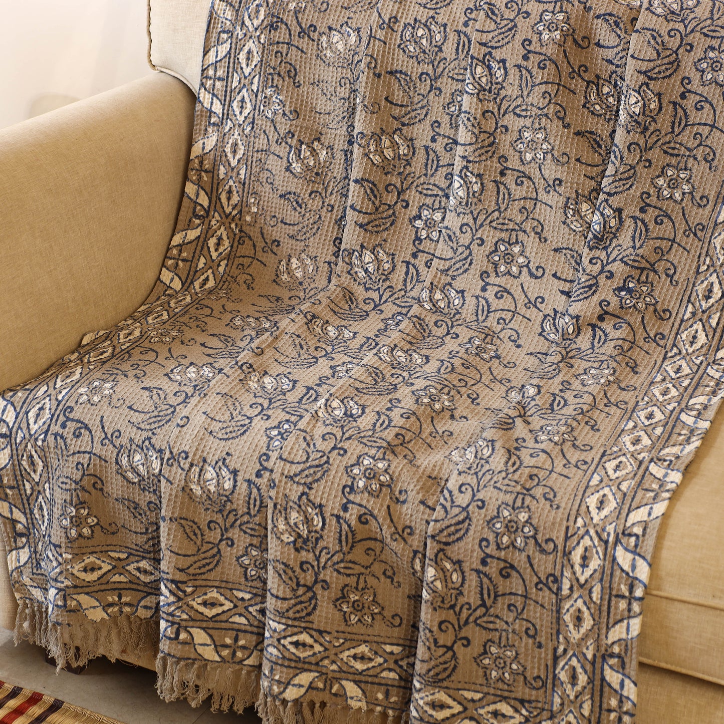 Brown Handloom Jaipur Block Print Cotton Sofa Throw