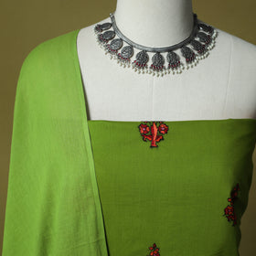 Green - Hand Embroidered Cotton Kashida 3pc Unstitched Dress Material Suit Set 47