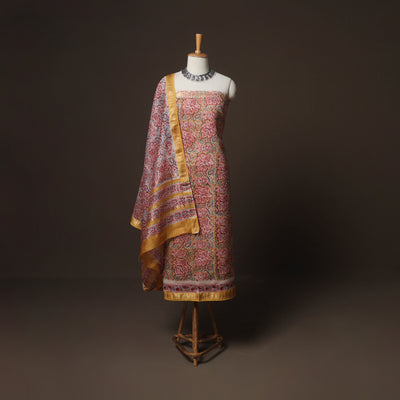 Pink - Sanganeri Hand Block Print Maheshwari Silk 3pc Unstitched Dress Material Suit Set 10