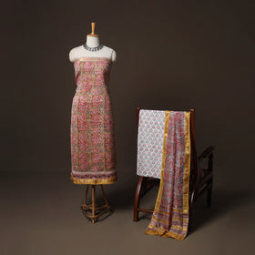 Pink - Sanganeri Hand Block Print Maheshwari Silk 3pc Unstitched Dress Material Suit Set 10