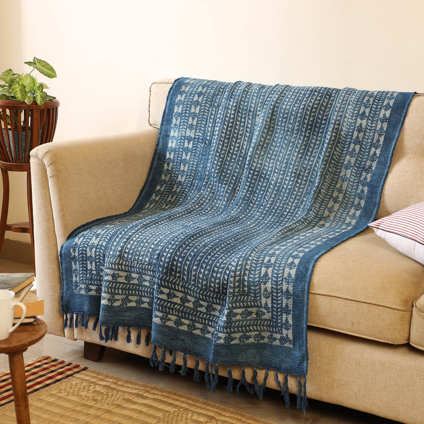 Blue Handloom Jaipur Block Print Cotton Sofa Throw