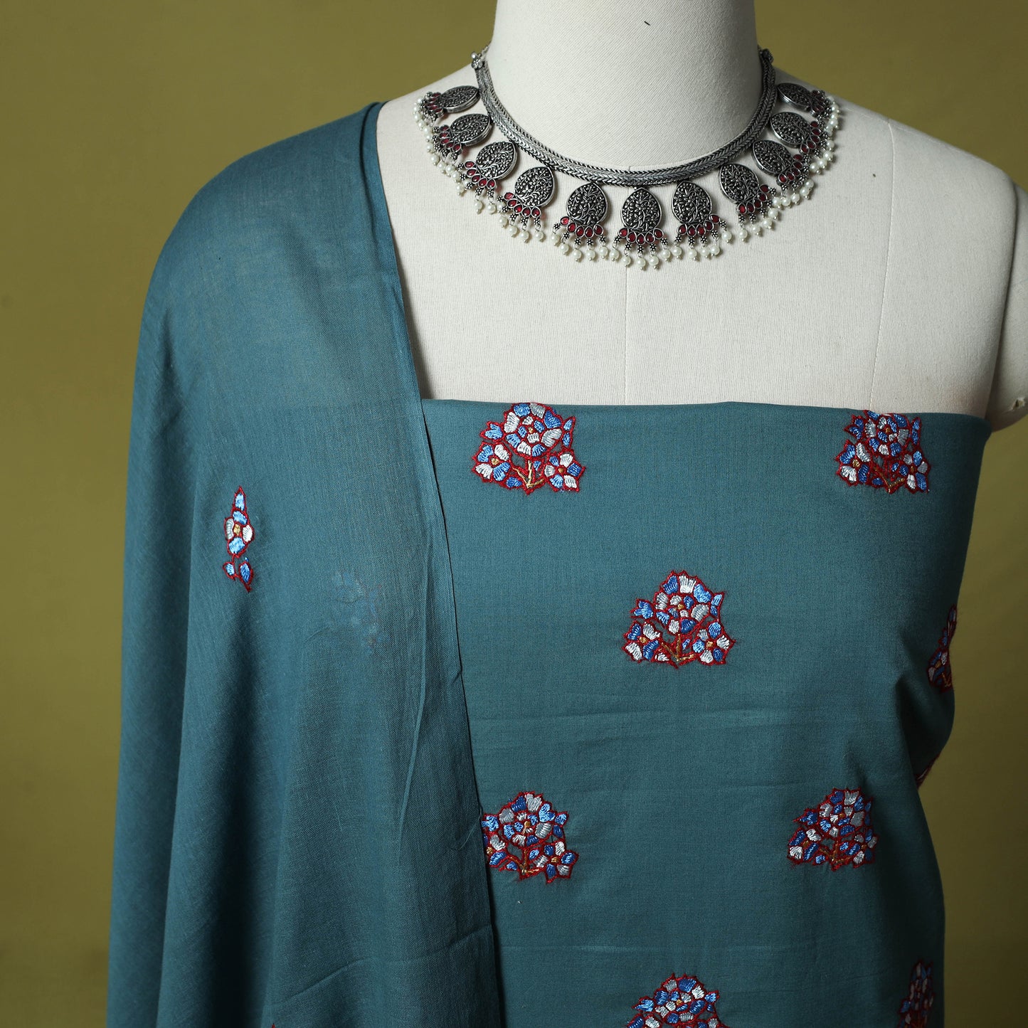 Blue - Hand Embroidered Cotton Kashida 3pc Unstitched Dress Material Suit Set 48