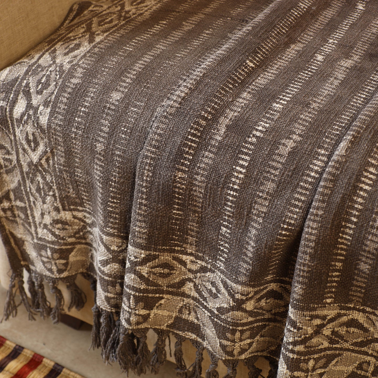 Brown Handloom Jaipur Block Print Cotton Sofa Throw