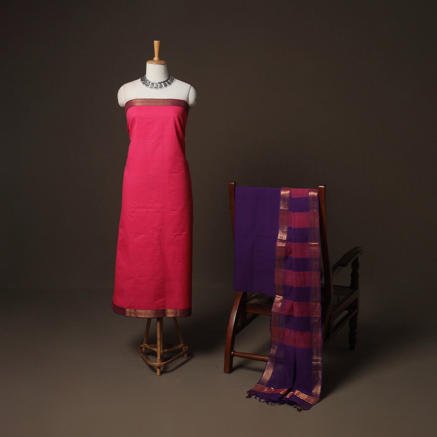 Pink - Mangalagiri Handloom Cotton 3pc Unstitched Dress Material Suit Set 15