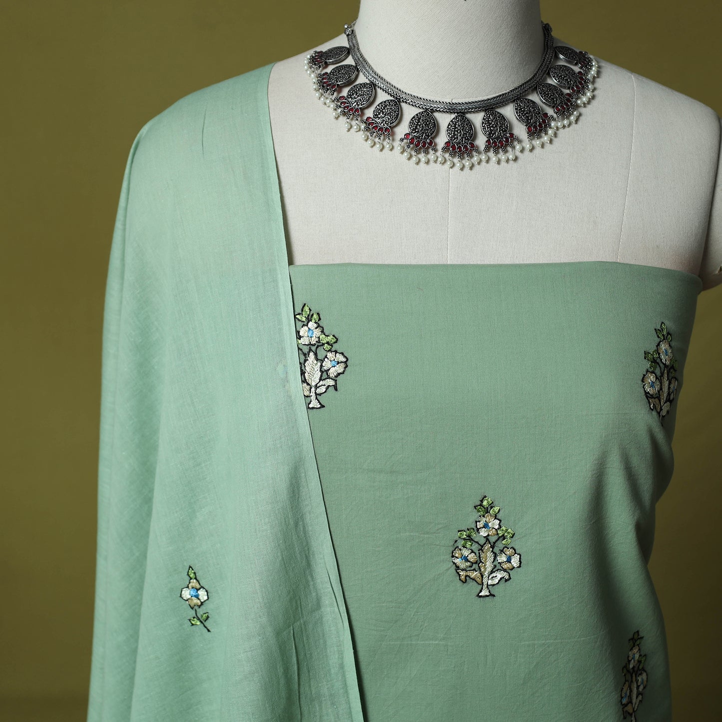 Green - Hand Embroidered Cotton Kashida 3pc Unstitched Dress Material Suit Set 50