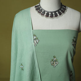 Green - Hand Embroidered Cotton Kashida 3pc Unstitched Dress Material Suit Set 50