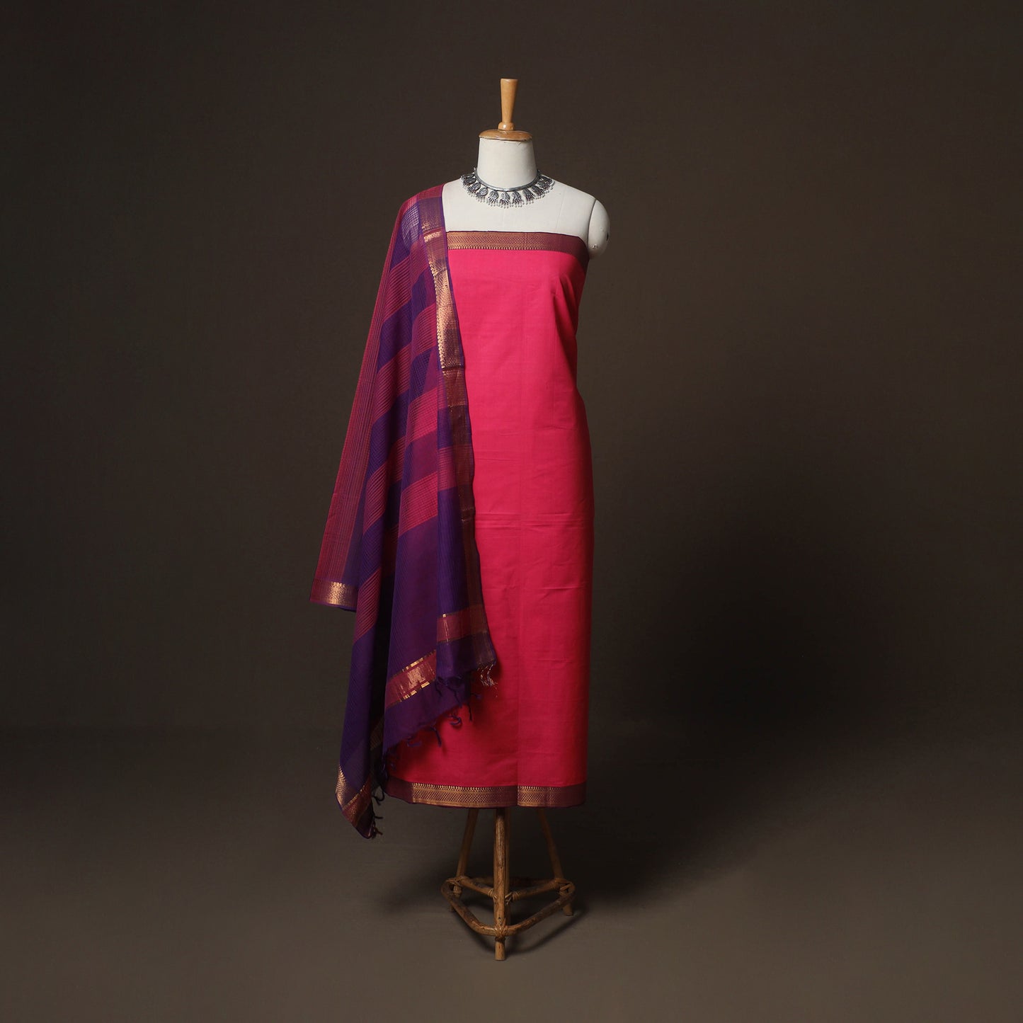 Pink - Mangalagiri Handloom Cotton 3pc Unstitched Dress Material Suit Set 15
