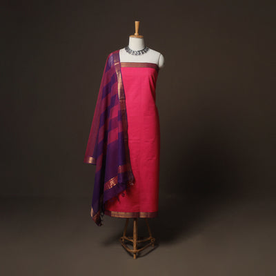 Pink - Mangalagiri Handloom Cotton 3pc Unstitched Dress Material Suit Set 15