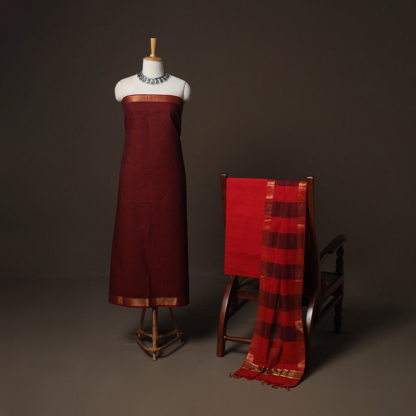 Maroon - Mangalagiri Handloom Cotton 3pc Unstitched Dress Material Suit Set 16