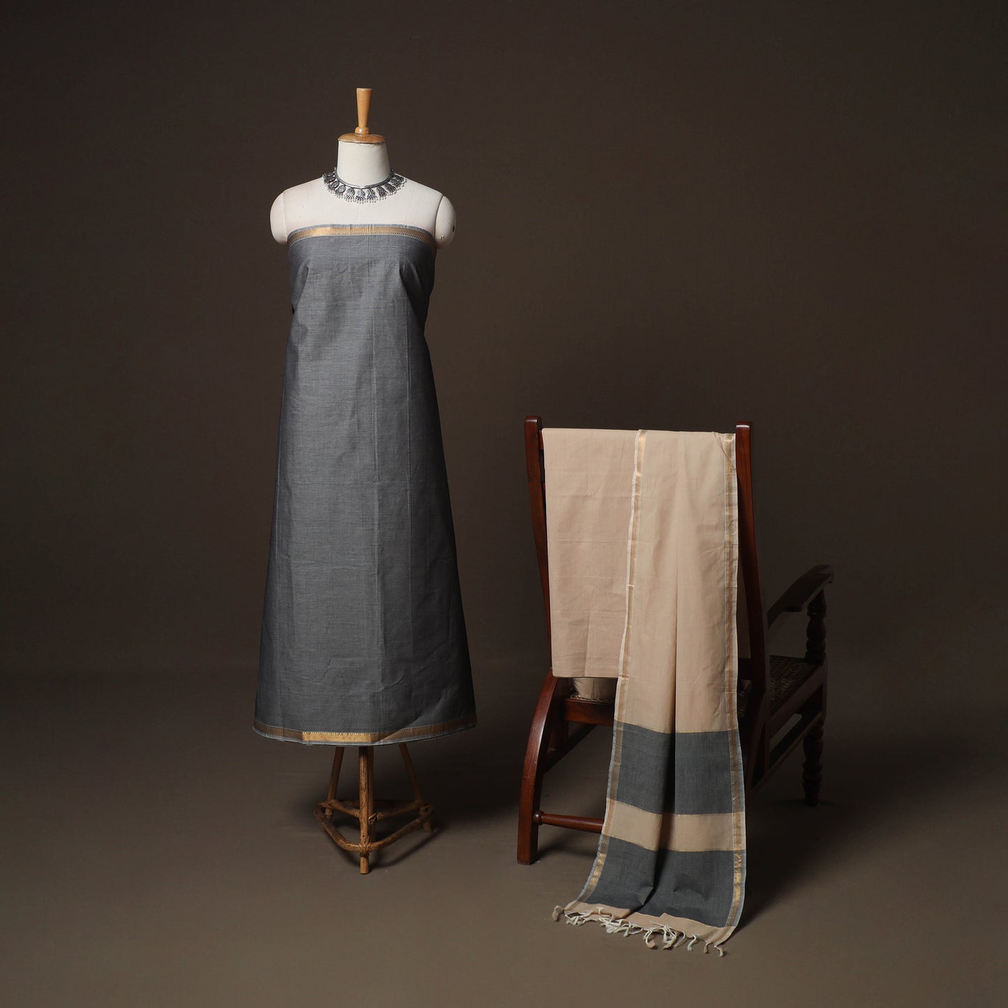 Grey - Mangalagiri Handloom Cotton 3pc Unstitched Dress Material Suit Set 17