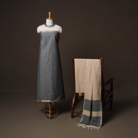 Grey - Mangalagiri Handloom Cotton 3pc Unstitched Dress Material Suit Set 17