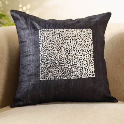 Black - Aari Embroidery Sequin Work Ghicha Silk Cushion Cover (16 x 16 in)