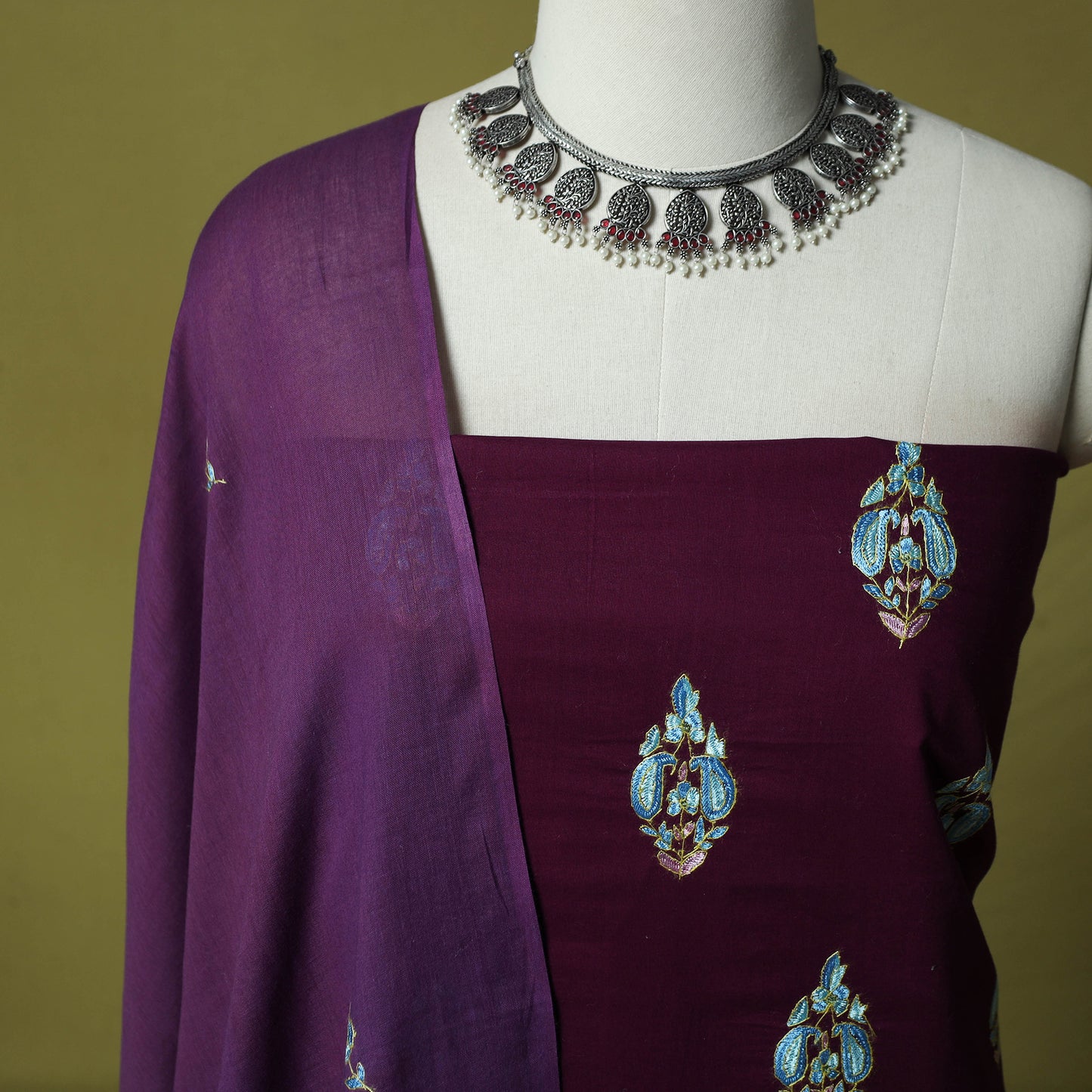 Hand Embroidered Cotton Kashida 3pc Unstitched Dress Material Suit Set 52
