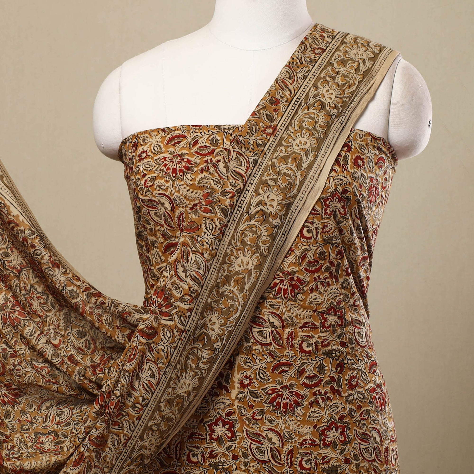 Brown - 2pc Block Print Cotton Unstitched Kalamkari Dress Material 05