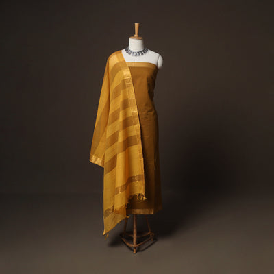 Brown - Mangalagiri Handloom Cotton 3pc Unstitched Dress Material Suit Set 18
