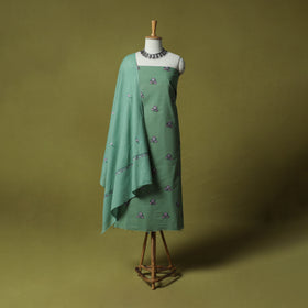 Green - Hand Embroidered Cotton Kashida 3pc Unstitched Dress Material Suit Set 53