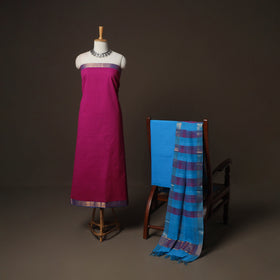Pink - Mangalagiri Handloom Cotton 3pc Unstitched Dress Material Suit Set 19