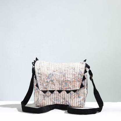 Beige - Jugaad Handmade Running Stitch Cotton Flap Sling Bag