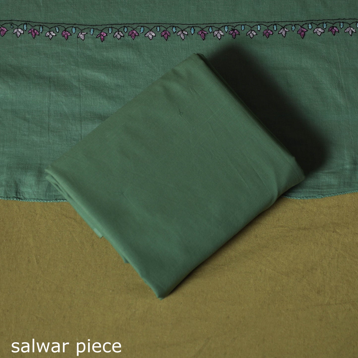 Green - Hand Embroidered Cotton Kashida 3pc Unstitched Dress Material Suit Set 53