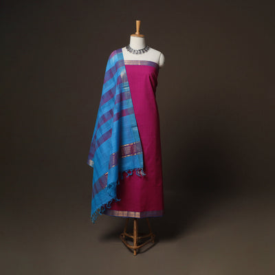 Pink - Mangalagiri Handloom Cotton 3pc Unstitched Dress Material Suit Set 19