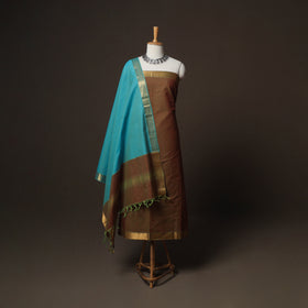 Brown - Mangalagiri Handloom Cotton 3pc Unstitched Dress Material Suit Set 20