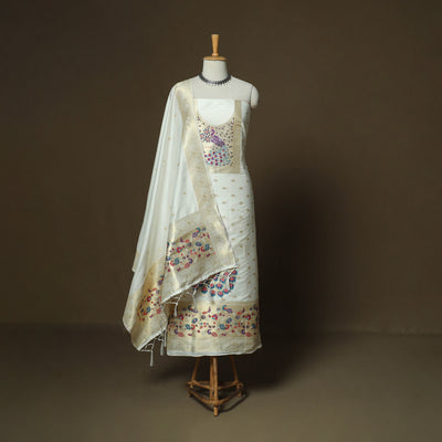 White - Bangalore Silk Paithani Weave 3pc Unstitched Dress Material Suit Set 02