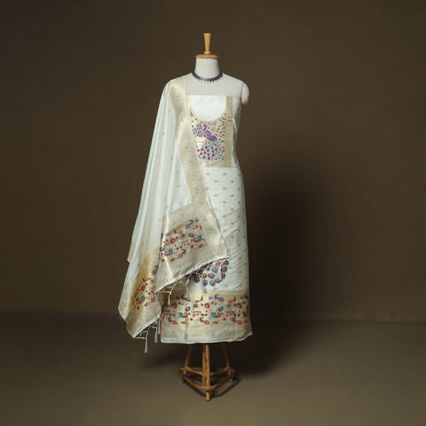 White - Bangalore Silk Paithani Weave 3pc Unstitched Dress Material Suit Set 02