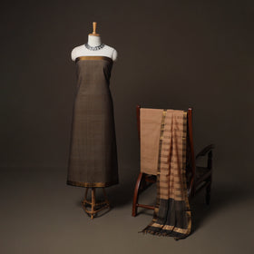 Brown - Mangalagiri Handloom Cotton 3pc Unstitched Dress Material Suit Set 21