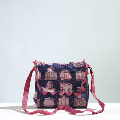 Blue - Jugaad Handmade Running Stitch Cotton Flap Sling Bag