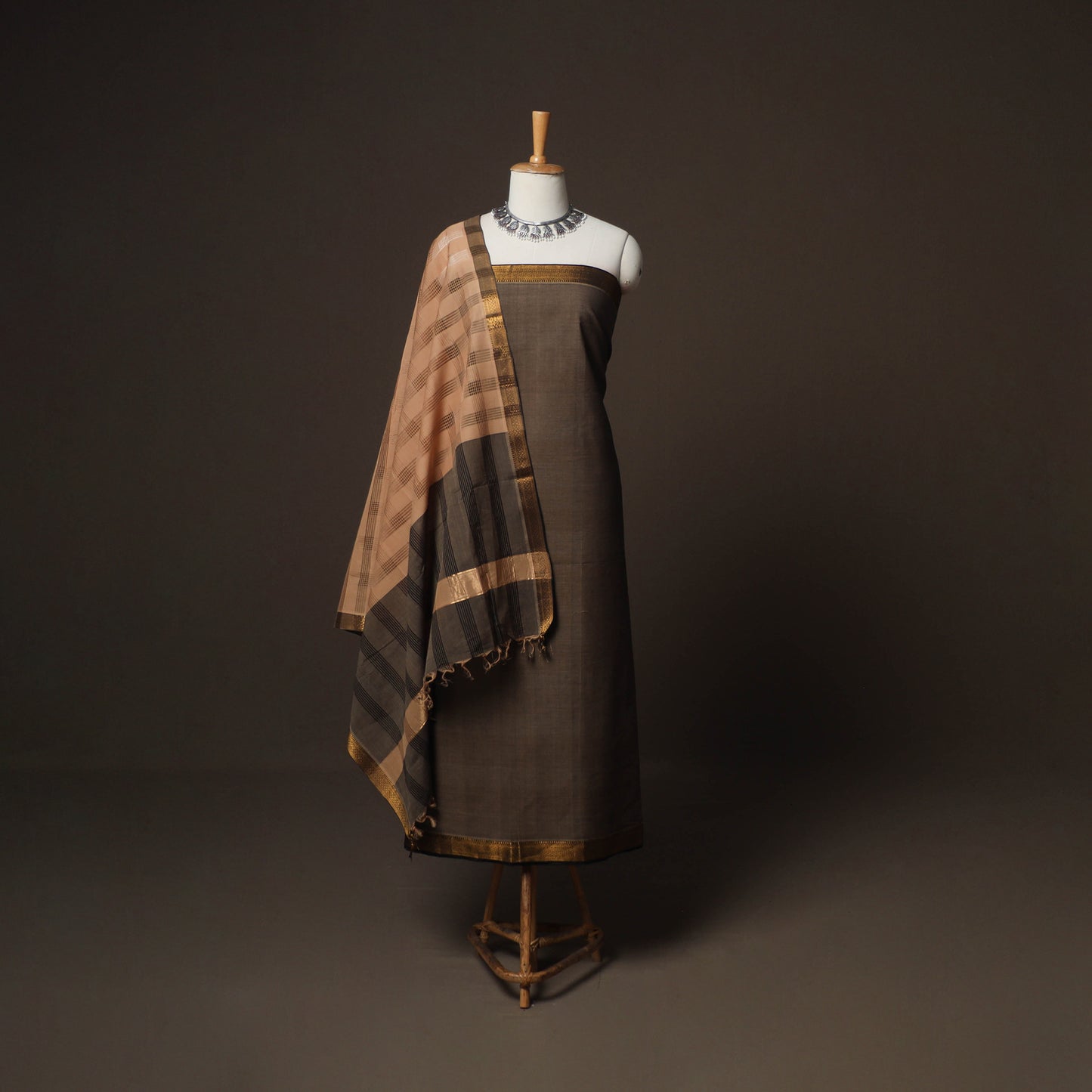 Brown - Mangalagiri Handloom Cotton 3pc Unstitched Dress Material Suit Set 21