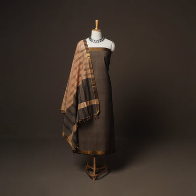 Brown - Mangalagiri Handloom Cotton 3pc Unstitched Dress Material Suit Set 21