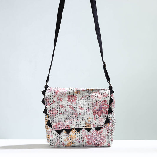 Grey - Jugaad Handmade Running Stitch Cotton Flap Sling Bag