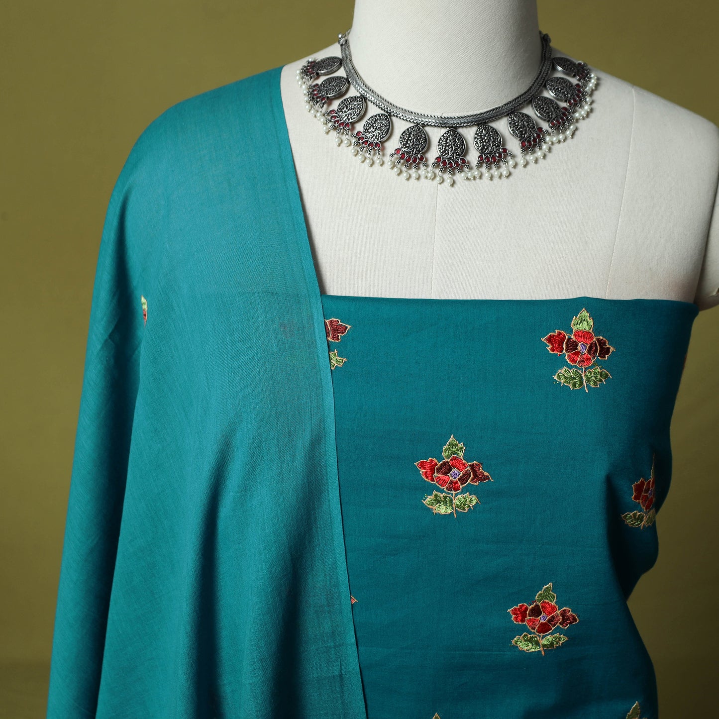 Blue - Hand Embroidered Cotton Kashida 3pc Unstitched Dress Material Suit Set 55