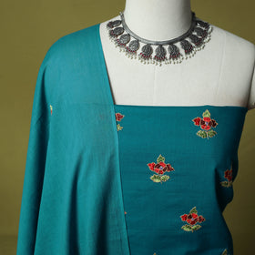 Blue - Hand Embroidered Cotton Kashida 3pc Unstitched Dress Material Suit Set 55