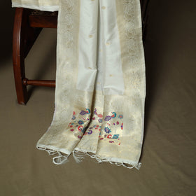 White - Bangalore Silk Paithani Weave 3pc Unstitched Dress Material Suit Set 02