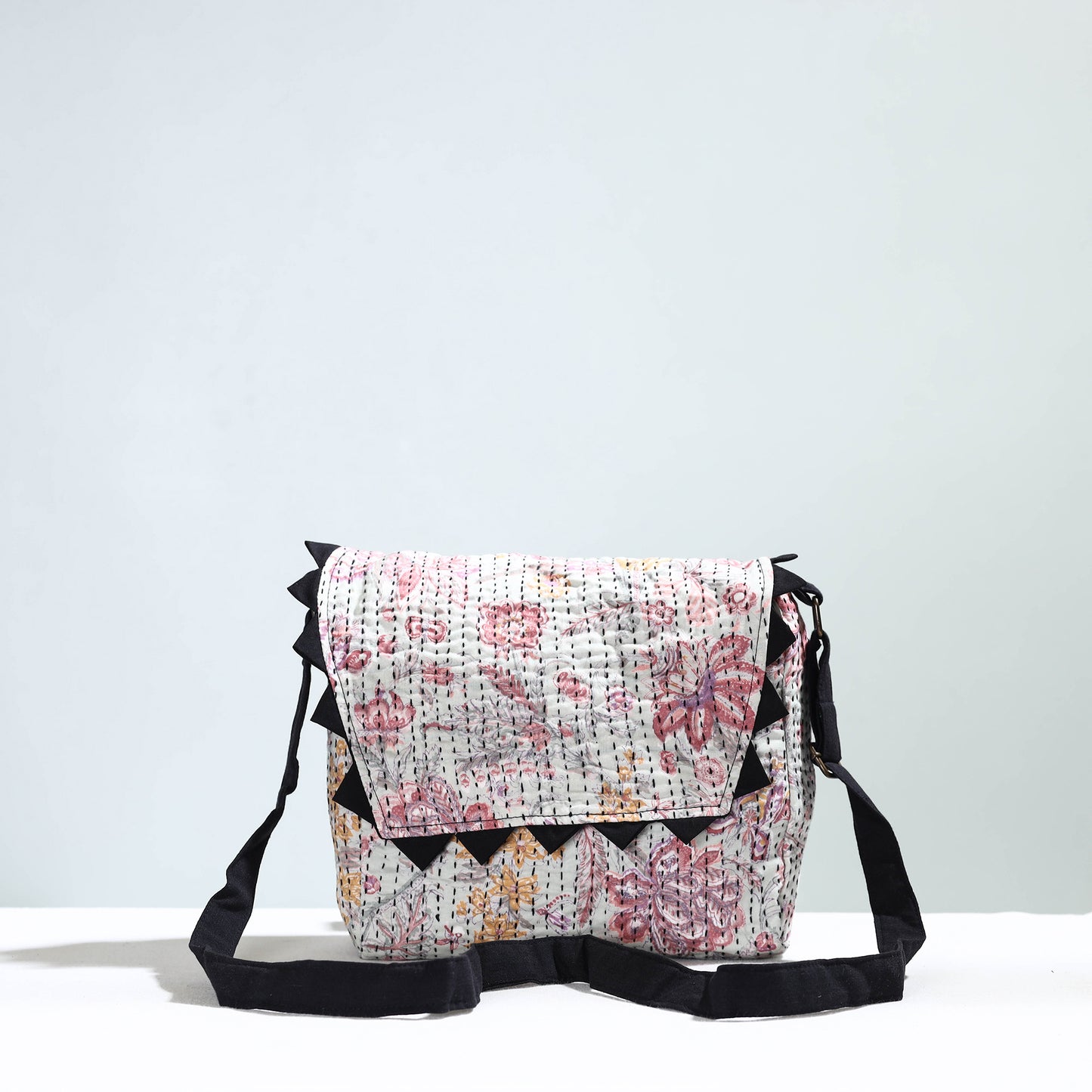 Grey - Jugaad Handmade Running Stitch Cotton Flap Sling Bag
