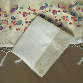 White - Bangalore Silk Paithani Weave 3pc Unstitched Dress Material Suit Set 02