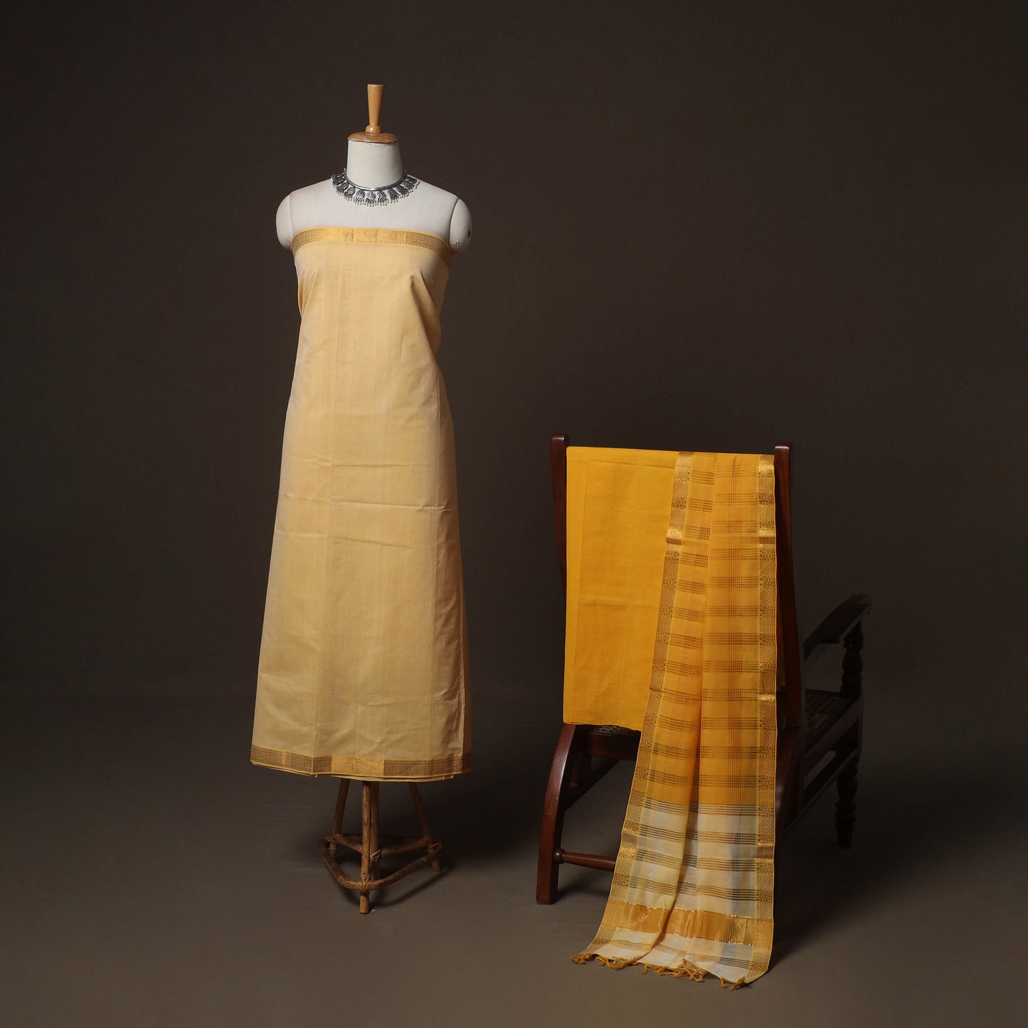 Beige - Mangalagiri Handloom Cotton 3pc Unstitched Dress Material Suit Set 22