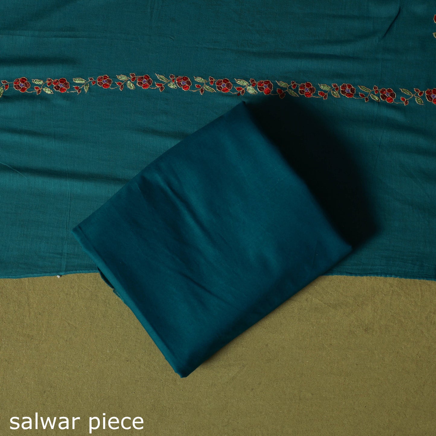 Blue - Hand Embroidered Cotton Kashida 3pc Unstitched Dress Material Suit Set 55