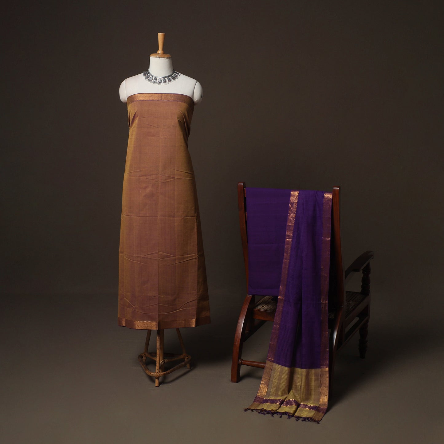 Brown - Mangalagiri Handloom Cotton 3pc Unstitched Dress Material Suit Set 23